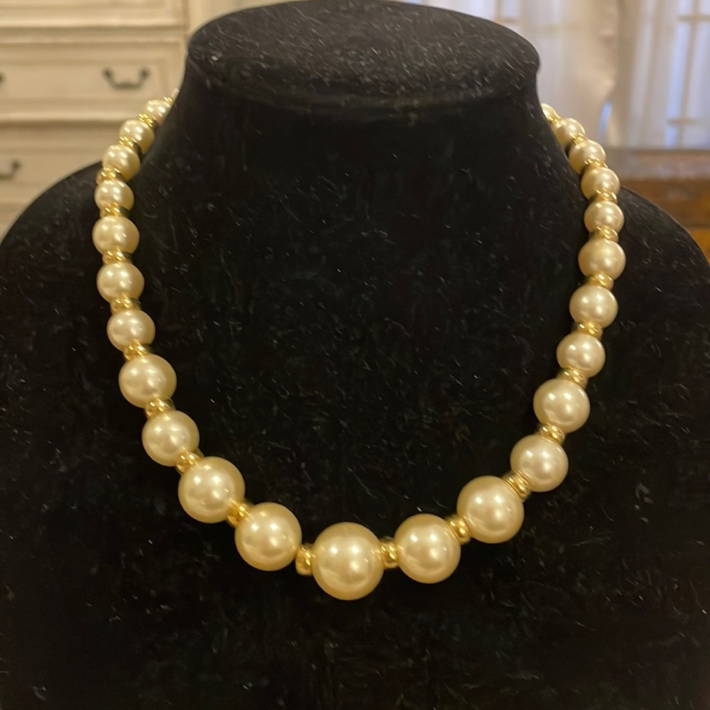 Napier Gold Tone Faux Pearl Choker Collar Statement Necklace Vintage